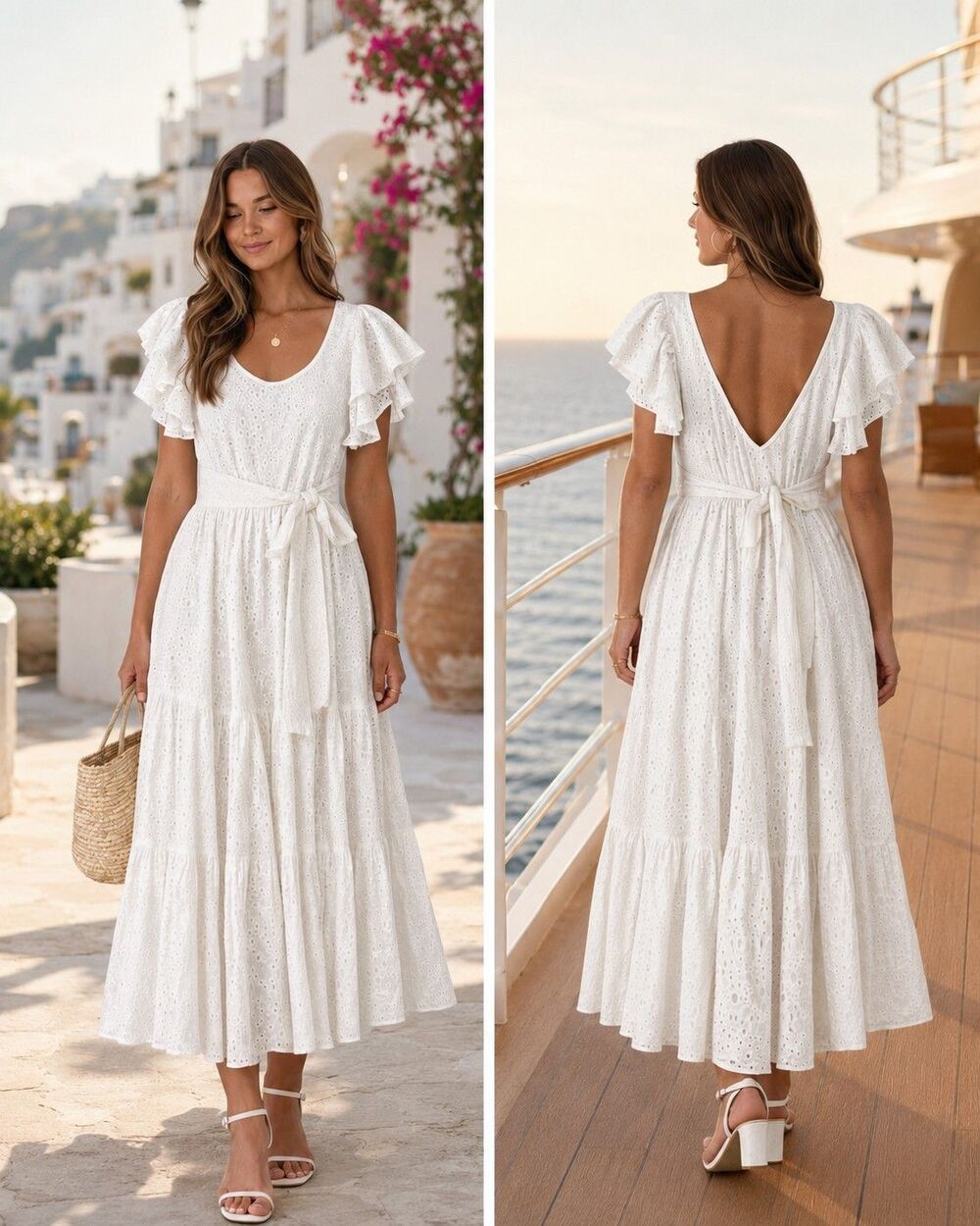 White Cottagecore Boho Midi Dress XS Ruffles 100% Cotton Vacation Honeymoon Lush